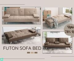 Convertible Futon Sofa Bed with Armrest and Cup Holders