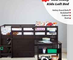 Low Study Kids Loft Bed with Desk, Cabinet, Bookshelf, and Safety Guard Rails