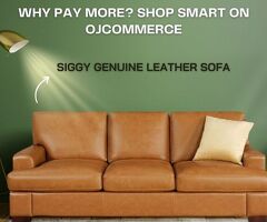 Siggy Genuine Leather 3 Seater Sofa with Square Arms - Tan